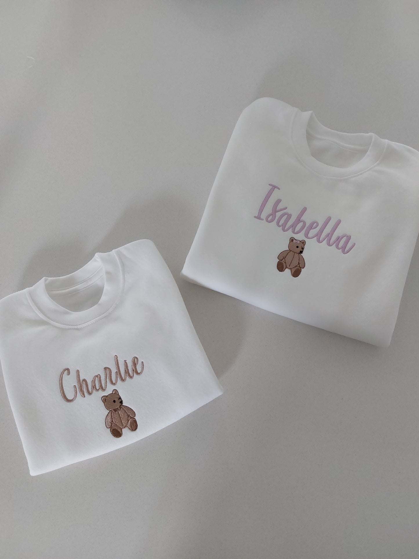 Personalised embroidered bear name white sweatshirt jumper