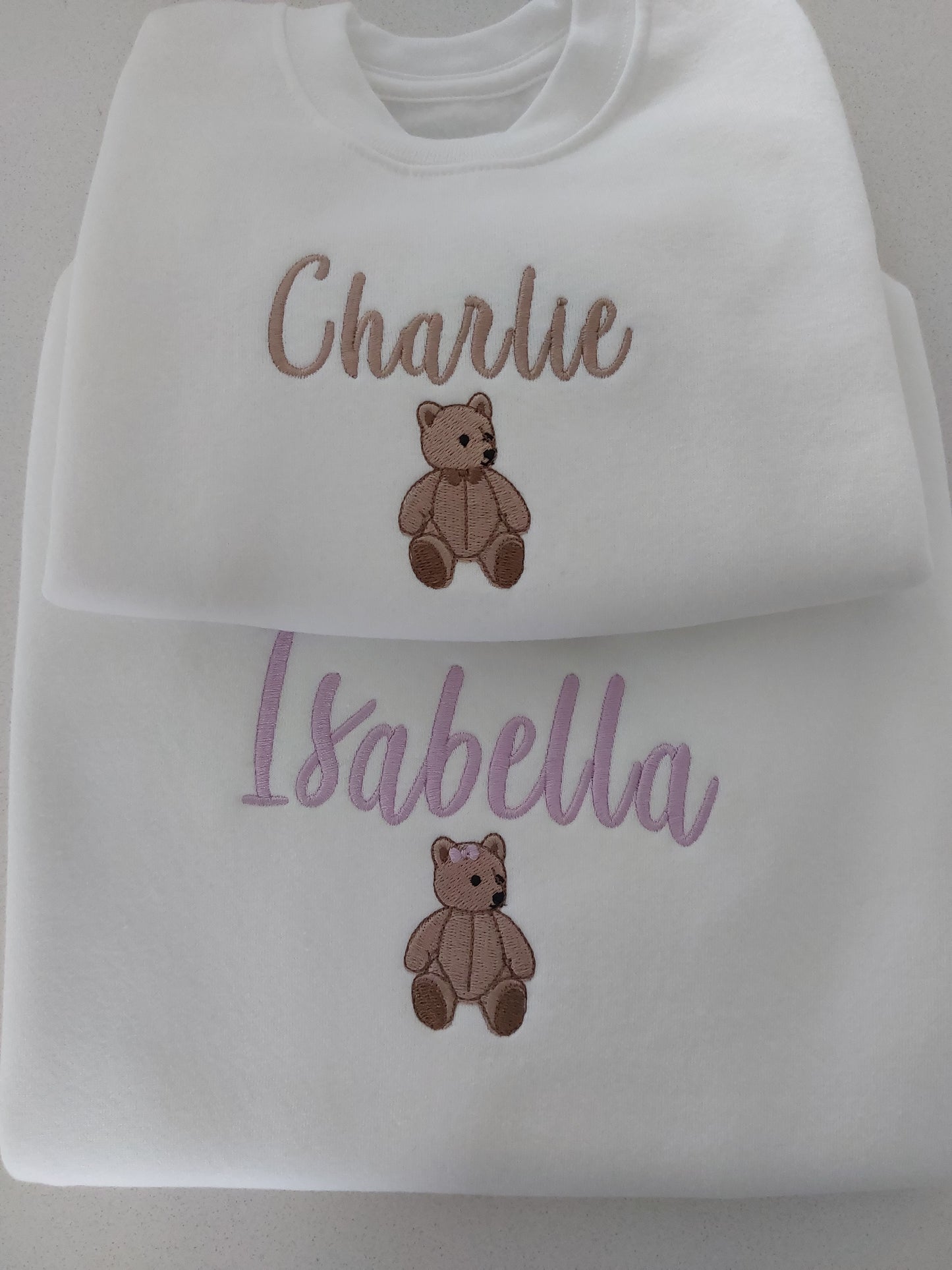 Personalised embroidered bear name white sweatshirt jumper