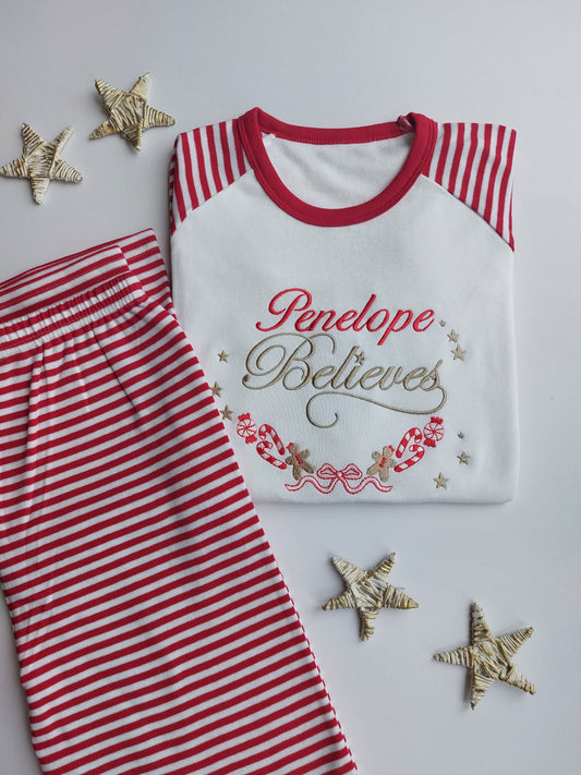 Personalised believes christmas gingerbread candycane embroidered pyjamas