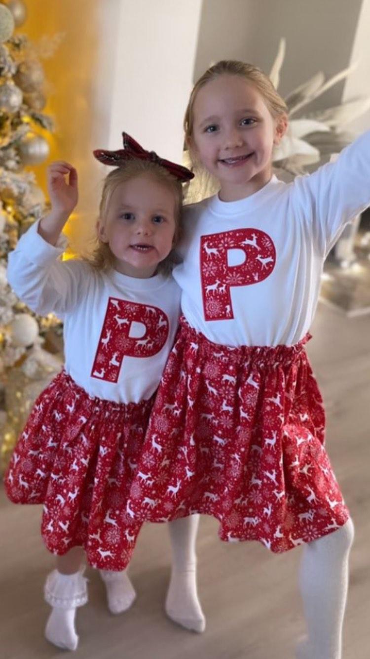 Personalised initial Christmas reindeer snowflake skirt and top embroidered