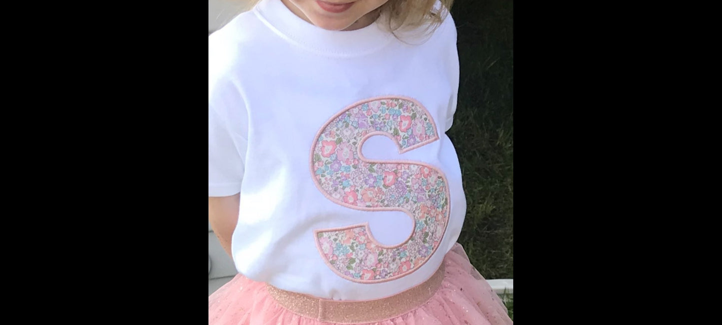 Personalised embroidered initial or number Liberty of London floral girls top t-shirt